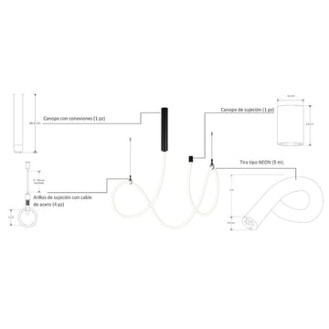 Luminario Litani suspender con tira Neon LED 90W atenuable, incluye canope y cuatro soportes de aluminio, opción color de luz 110-130V de iLumileds