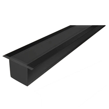 Kit de perfil de alumino acabado negro con ceja para empotrar SIN DIFUSOR ILUPA2403CONKIT. -L:2m A:2.3/4cm Al:2.6m- para tiras LED o tarjetas de LED recomendadas, incluye 2 tapas laterales, 2 grapas y 2 resortes de sujeciónde iLumileds