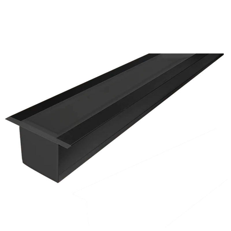 Kit de perfil de alumino acabado negro con ceja para empotrar SIN DIFUSOR ILUPA2403CONKIT. -L:2m A:2.3/4cm Al:2.6m- para tiras LED o tarjetas de LED recomendadas, incluye 2 tapas laterales, 2 grapas y 2 resortes de sujeciónde iLumileds