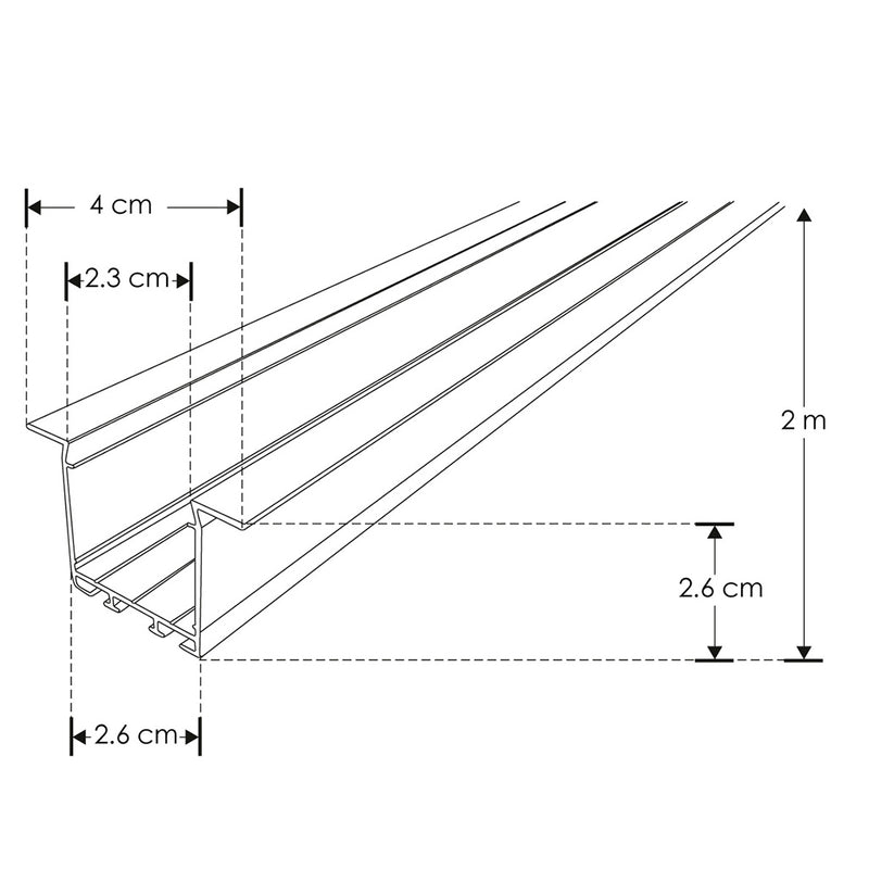 Kit de perfil de alumino acabado negro con ceja para empotrar SIN DIFUSOR ILUPA2403CONKIT. -L:2m A:2.3/4cm Al:2.6m- para tiras LED o tarjetas de LED recomendadas, incluye 2 tapas laterales, 2 grapas y 2 resortes de sujeciónde iLumileds