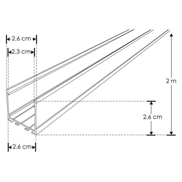Kit de perfil de alumino SIN MICA ILUPA2404COKIT. -L:2m A:2.6cm Al:2.6m- para tiras LED o tarjetas de LED recomendadas, incluye 2 tapas laterales y 2 grapas de sujeciónde iLumileds