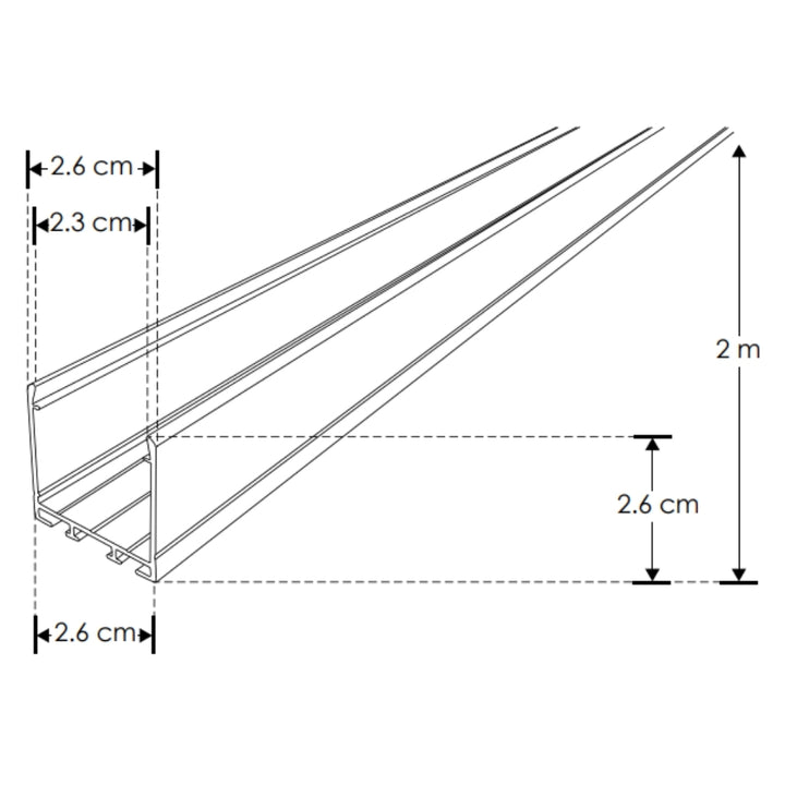 Kit de perfil de alumino SIN MICA ILUPA2404COKIT. -L:2m A:2.6cm Al:2.6m- para tiras LED o tarjetas de LED recomendadas, incluye 2 tapas laterales y 2 grapas de sujeciónde iLumileds