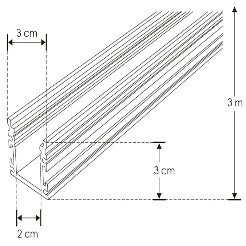 Kit perfil exterior aluminio ILUPA3030KIT  -L:3m A:3cm Al:3cm- incluye difusor, tapas laterales y solera de aluminio