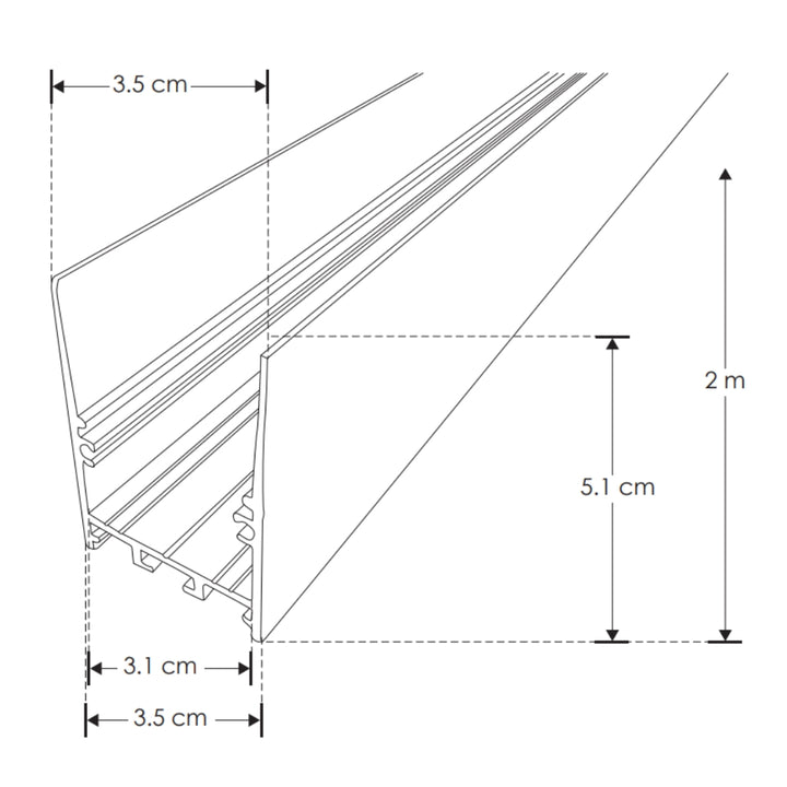 Kit de perfil large de bajo deslumbramiento con difusor remetido con ceja ILUPA3551NUGRCKI -L:2m A:4.5cm Al:5.1cm- para tira LED, incluye difusor negro traslucido, 2 tapas laterales y 2 resortes sujeción de iLumileds