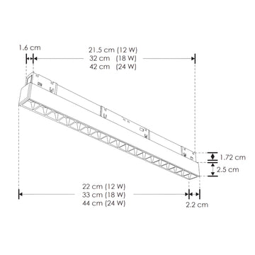 Luminario tipo rectangular puntual 18W 24° 18 cuerpos ópticos 48V cambio de color de luz vía app o iterruptor físico de cálido a frío - 2700K - 4100K - 5500K, para riel magnético de iLumileds