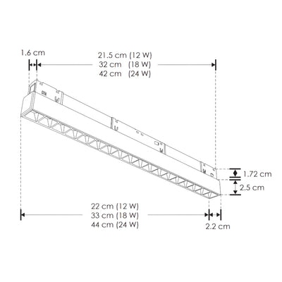 Luminario tipo rectangular puntual 18W 24° 18 cuerpos ópticos 48V cambio de color de luz vía app de cálido a frío - 2700K - 4100K - 5500K, para riel magnético de iLumileds