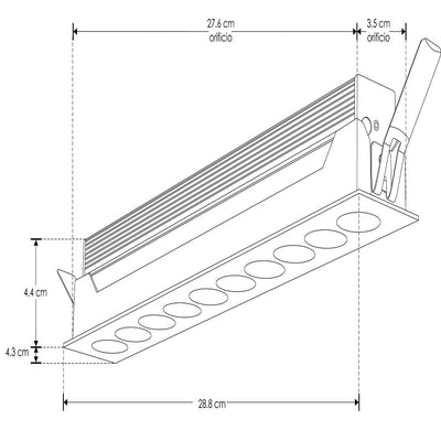 Luminario rectangular puntual 20W 36° bajo deslumbramiento, acabado negro con 10 cuerpos con chips marca Osram 85-277V de iLumileds