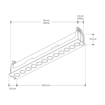 Luminario rectangular slim puntual 18W 36° CRI90 bajo deslumbramiento, todo negro con 12 cuerpos, opciones color de luz 85-277V de iLumileds