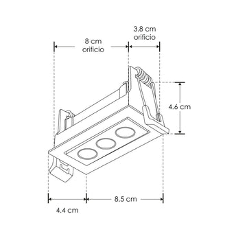 Luminario rectangular dirgible slim puntual 6W 36° CRI90 bajo deslumbramiento, todo negro con 3 cuerpos, opciones color de luz 85-277V de iLumileds