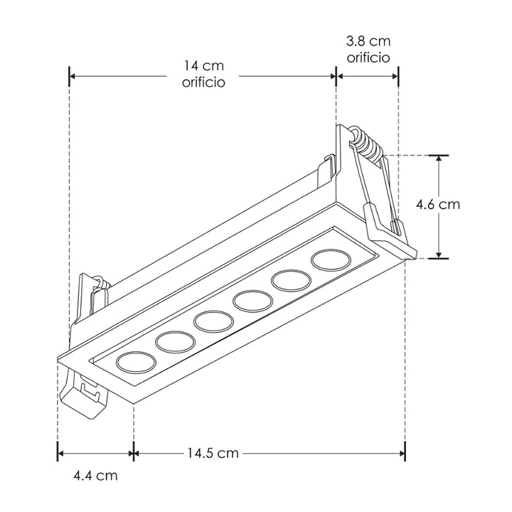 Luminario rectangular dirigible slim puntual 9W 36° CRI90 bajo deslumbramiento, todo negro con 6 cuerpos, opciones color de luz 85-277V de iLumileds