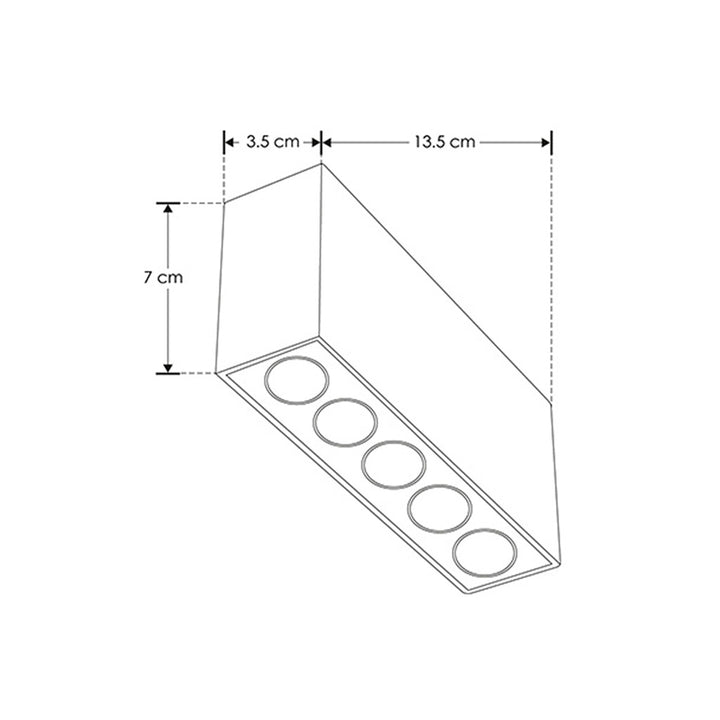 Luminario rectangular sobreponer puntual 10W 36° CRI90 bajo deslumbramiento, todo blanco con 5 cuerpos, opciones color de luz 85-277V de iLumileds