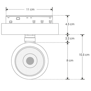 Proyector circular dirigible 15W 24° cambio de color de luz vía app o iterruptor físico de cálido a frío - 2700K - 4100K - 5500K, bajo deslumbramiento con louver honey 48Vcc para riel magnético de iLumileds