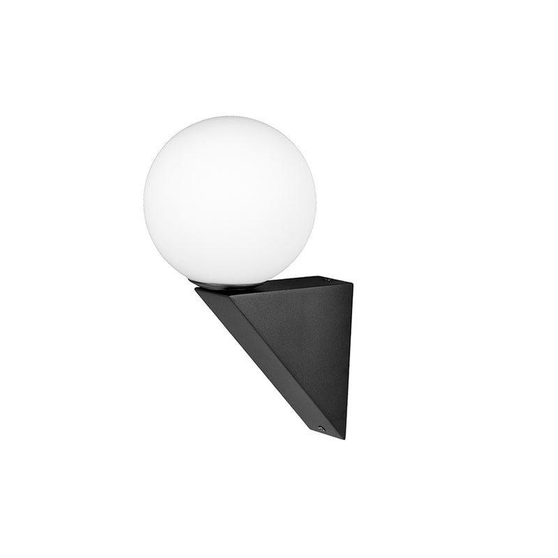 Luminario exterior acabado negro de pared con una esfera difusa de cristal, base triangular, con base E14 de iLumileds