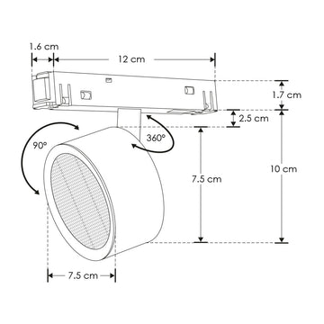 Proyector circular dirigible 7W 24° 3000K bajo deslumbramiento con louver honey 48Vcc para riel magnético de iLumileds