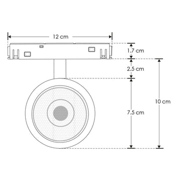 Proyector circular dirigible 7W 24° 3000K bajo deslumbramiento con louver honey 48Vcc para riel magnético de iLumileds