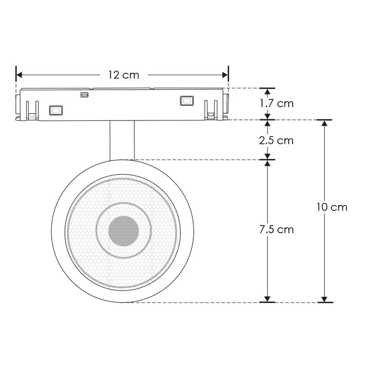 Proyector circular dirigible 7W 24° 3000K bajo deslumbramiento con louver honey 48Vcc para riel magnético de iLumileds