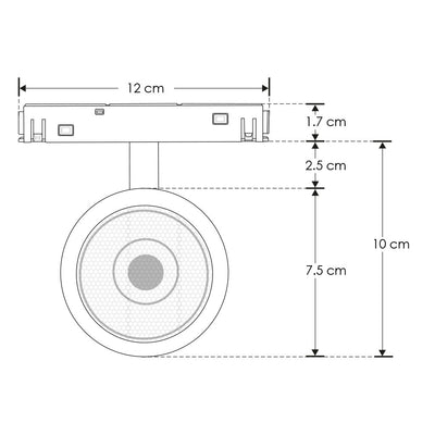 Proyector circular dirigible 7W 24° 3000K bajo deslumbramiento con louver honey 48Vcc para riel magnético de iLumileds