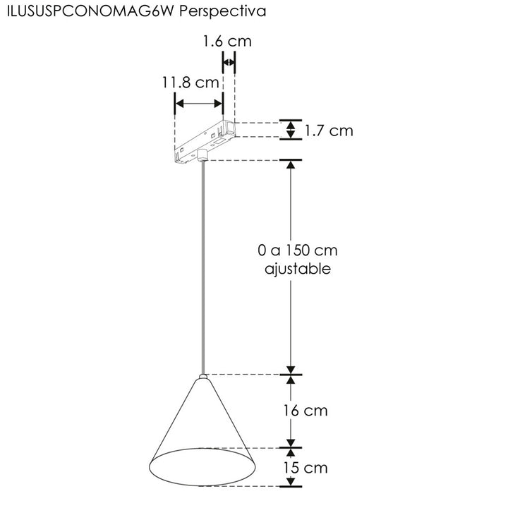 Luminario cónico magnético para suspender 6W 24°, CRI:90 48Vcc luz neutro cálido, suspensión ajustable de iLumileds