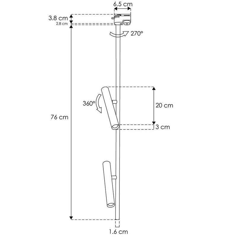 Luminario doble proyector cilíndrico dirigible, 76cm de altura, 2x5W 38° 85-265V acabado negro para riel eléctrico de iLumileds