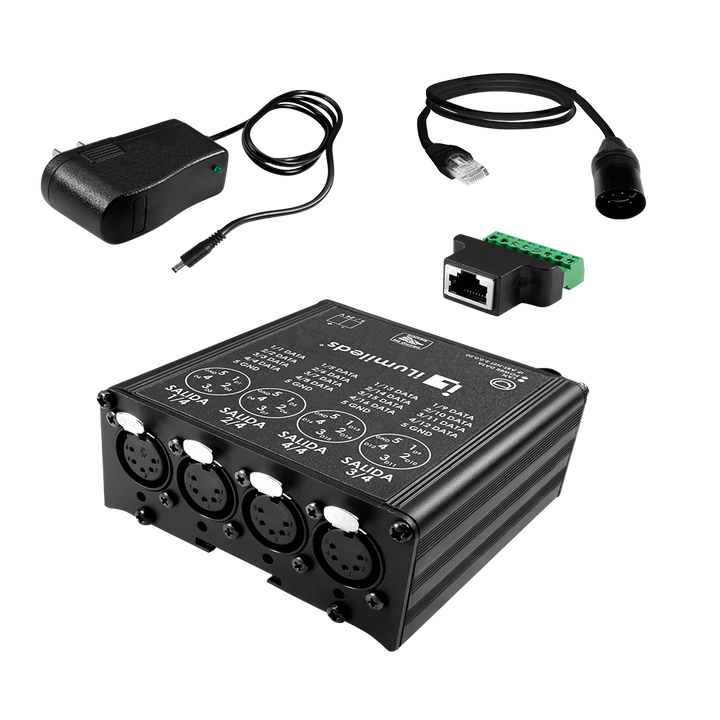 Interfaz SPI / DMX para tiras de LED Pixel, con cuatro salidas XLR-5 pines, 5/24Vcc, entrada RJ45, incluye fuente de alimentación y cable XLR-5 pines a red de 80cm de iLumileds