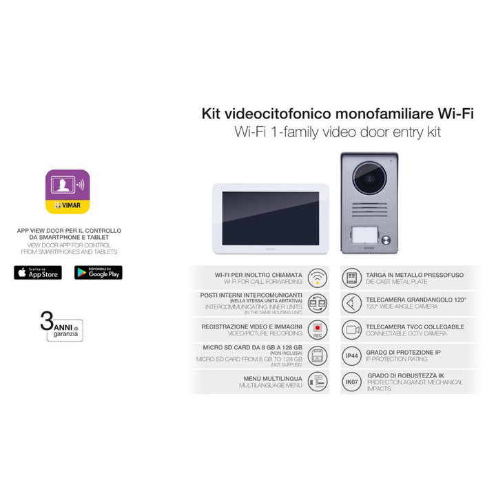 Kit videoportero Wi-Fi ELVOX controla desde App View Door 7in 1 contiene 1 pantalla táctil LCD 7 pulgadas, 1 placa de entrada audio / vídeo con timbre antilluvia, 1 alimentador 24Vdc, listo para instalarse de Vimar