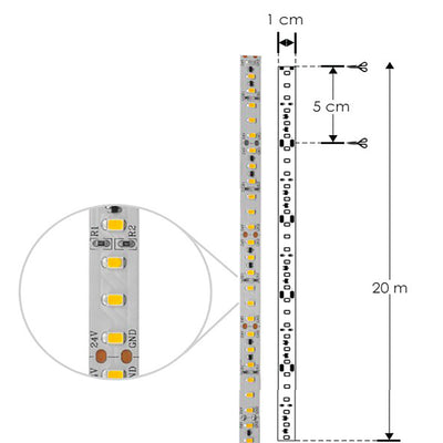 Tira LED 10W/m 24V con 120 chips/m 2835 rollo 20m opción color de luz Cálido / Neutro / Neutro Frío, con auto adhesivo de iLumileds