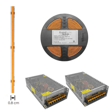 Kit 2pz Fuente de alimentación conmutada 60W (48W máx.) entrada 110-220V ca salida 24V cc, para interiores de iLumileds + 1pz Tira LED COB 12W/m 24V CRI:90 con 512 chips/m rollo 5m cálido (3000K), con auto adhesivo de iLumileds