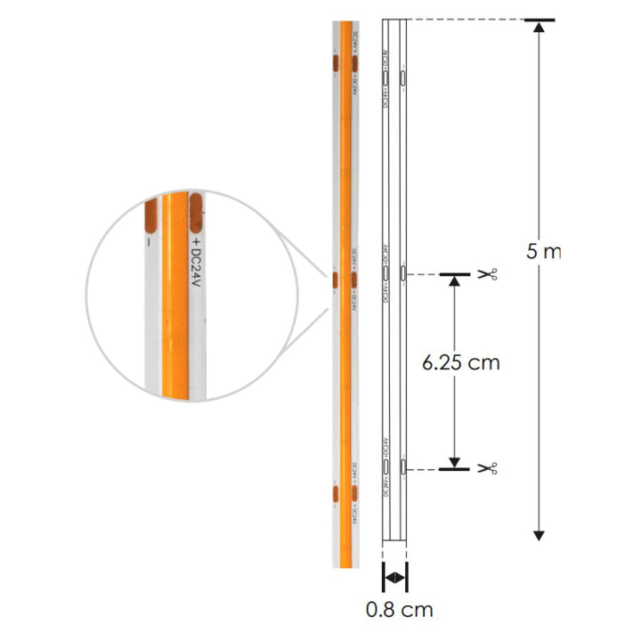 Kit 1pz Fuente de alimentación conmutada 150W (120W máx.), entrada 110-220V ca salida 24V cc, para interiores de iLumileds + 1pz Tira LED COB 12W/m 24V CRI:90 con 512 chips/m rollo 5m cálido (3000K), con auto adhesivo de iLumileds