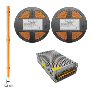 Kit 1pz Fuente de alimentación conmutada 200W (160W máx.), entrada 110-220V ca salida 24V cc, para interiores de iLumileds + 2pz Tira LED COB 12W/m 24V CRI:90 con 512 chips/m rollo 5m cálido (3000K), con auto adhesivo de iLumileds