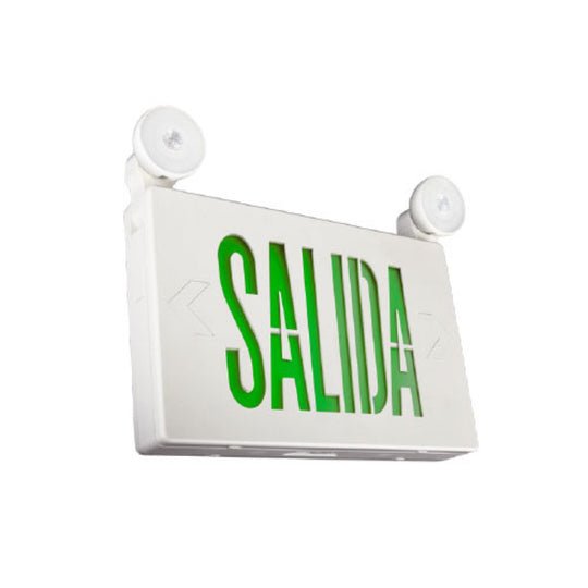 Lumiario Letrero de Salida (en verde) + doble cabezal ajustable(6500K) 2x150Lm 120-277V autonomía 90min opción montaje sobrepuesto a muro - techo - muro de Luceco