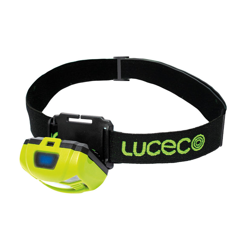 Lámpara de cabeza USB Recargable Inspection Head Torch 3W 150Lm luz fría, encendido y apagado manos libre con 5 modos de luz, acabado negro con verde lima de Luceco