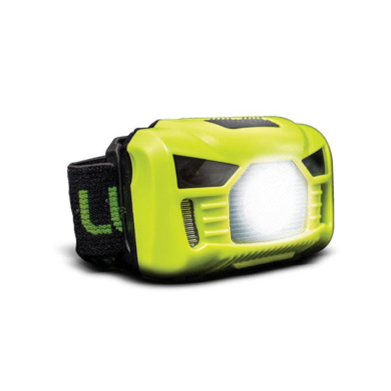 Lámpara de cabeza USB Recargable Inspection Head Torch 3W 150Lm luz fría, encendido y apagado manos libre con 5 modos de luz, acabado negro con verde lima de Luceco