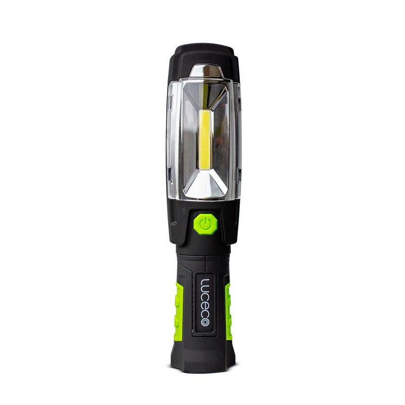 Antorcha LED de trabajo USB Recargable Inspection Tilt Torch 3W 300lm luz fría, con base magnetica giratoria 360°, acabado negro con verde lima de Luceco