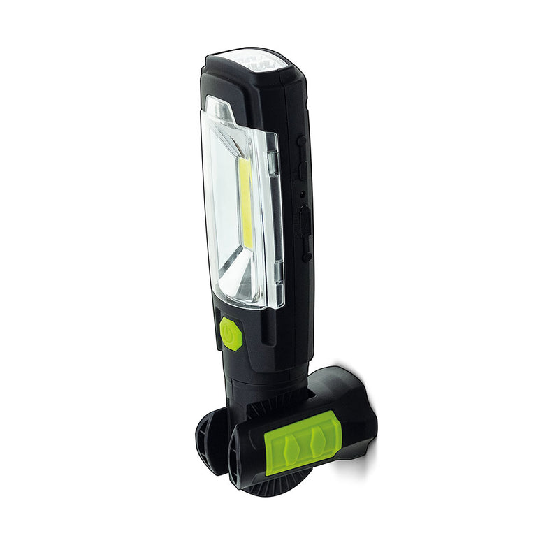 Antorcha LED de trabajo USB Recargable Inspection Tilt Torch 3W 300lm luz fría, con base magnetica giratoria 360°, acabado negro con verde lima de Luceco
