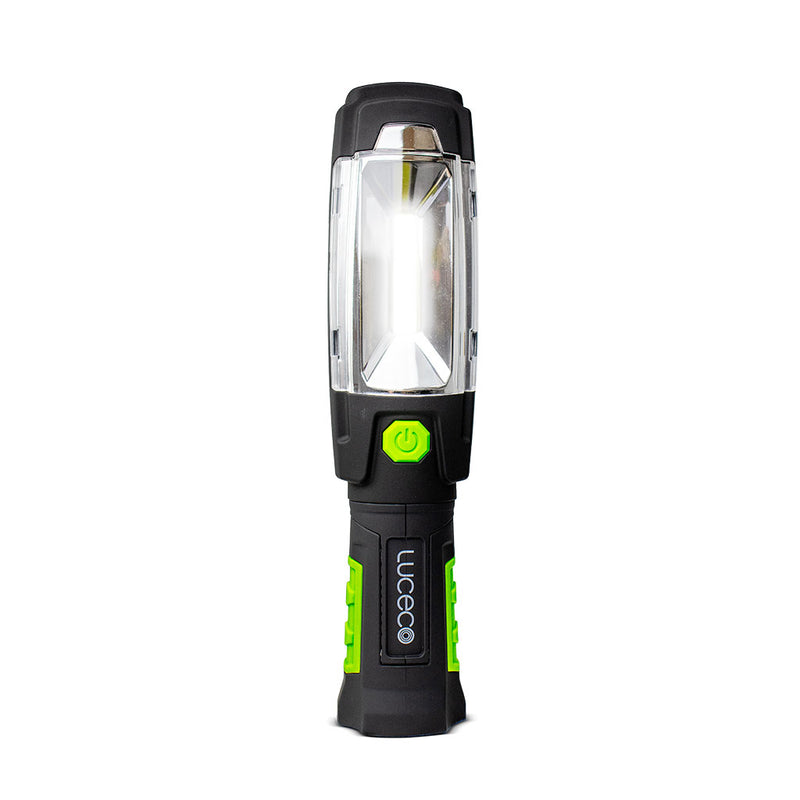 Antorcha LED de trabajo USB Recargable Inspection Tilt Torch 3W 300lm luz fría, con base magnetica giratoria 360°, acabado negro con verde lima de Luceco