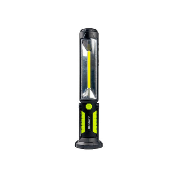 Antorcha LED de trabajo USB Recargable Inspection Tilt Torch 5W 450lm luz fría, con base magnetica giratoria 360°, acabado negro con verde lima de Luceco