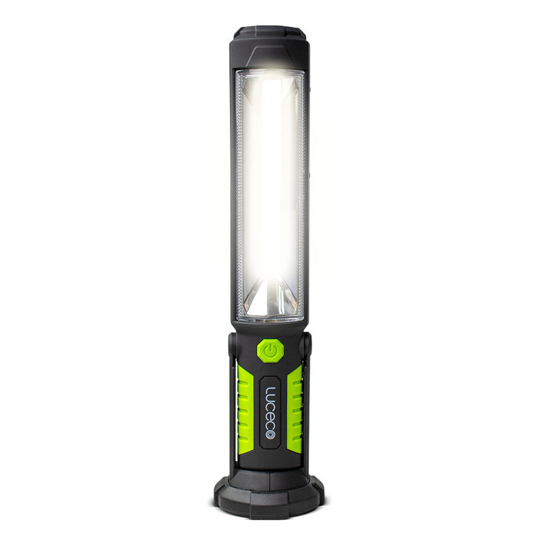 Antorcha LED de trabajo USB Recargable Inspection Tilt Torch 5W 450lm luz fría, con base magnetica giratoria 360°, acabado negro con verde lima de Luceco