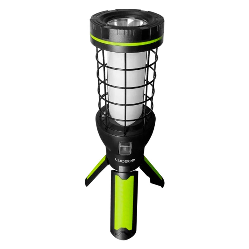 Antorcha LED de trabajo con rejilla USB Recargable Multu Functional Cage 360° 6W 600lm luz fría, acabado negro con verde lima de Luceco