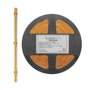 Tira LED COB 0.8cm de ancho 11W/m 24V CRI:90 con 480 chips/m rollo 5m tecnología roll to roll (sin soldaduras) opción de tonos de luz, con auto adhesivo de iLumileds