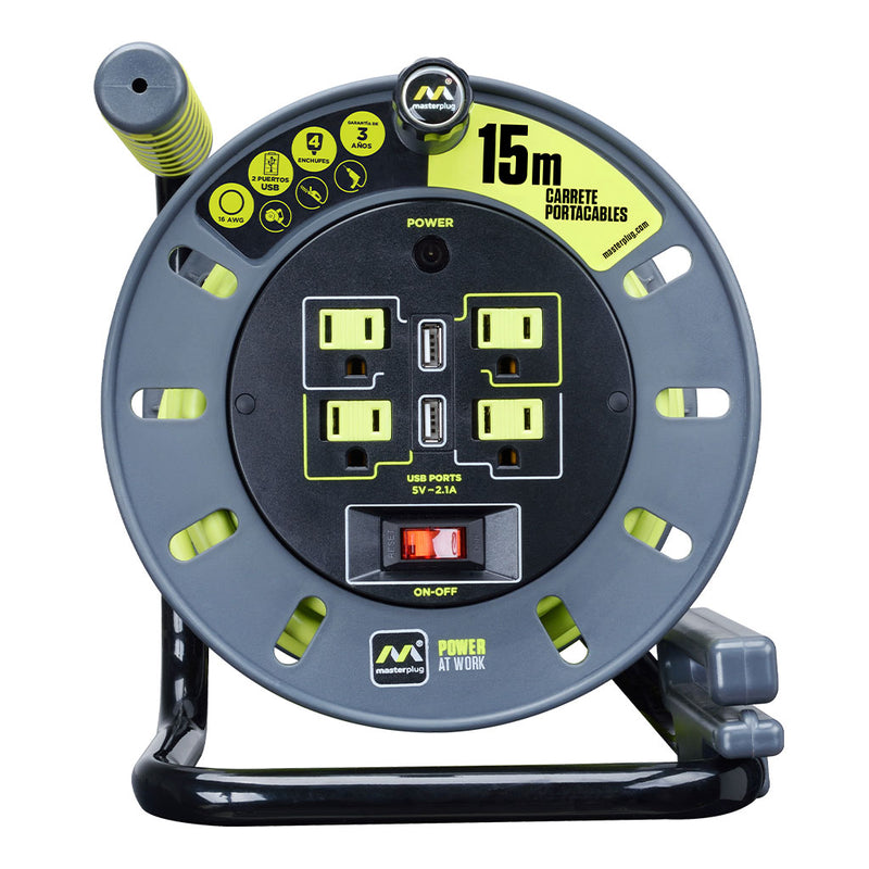 Extensión 15m retrácti tipo Open Reel con 4 Multi Contactos + 2 cargadores USB, Switch, Calibre 16 AWG de Luceco