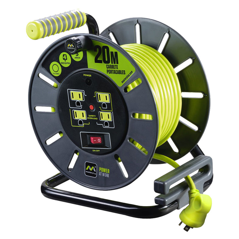 Extensión 20m enrollable tipo Open Reel con 4 Multi Contactos, Switch, Calibre 14 AWG de Luceco