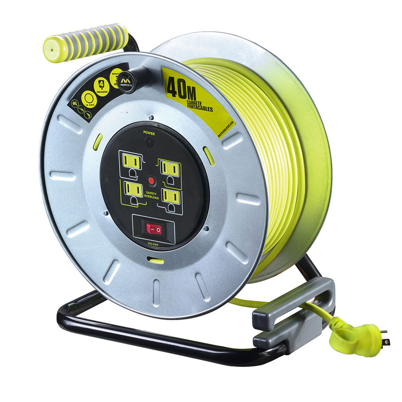 Extensión 40m enrollable tipo Open Metal Reel con 4 Multi Contactos, Switch, Calibre 14 AWG de Luceco