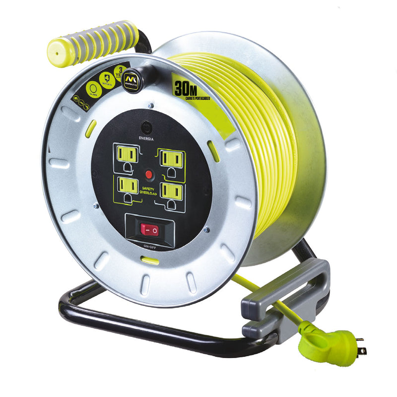 Extensión 30m enrollable tipo Open Metal Reel con 4 Multi Contactos, Switch, Calibre 14 AWG de Luceco