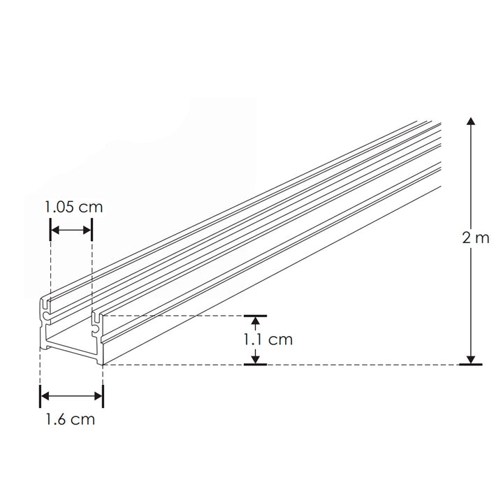 Kit de perfil de aluminio PA1612NKIT -L:2m A:1.6cm Al:1.1cm- para tira LED, incluye difusor acrílico, 2 tapas laterales y 2 grapas de sujeción