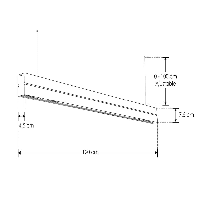 Luminario lineal LED (120cm) 36W 120° + 30° opciones color de luz neutro cálido (3000K) y neutro (4100K) 85-265V fabricado en policarbonato negro, incluye soportes de fijación y suspensión hasta de 1m de iLumileds