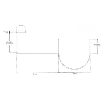 Luminario para suspender 34W 100° serie RUB CUBE, incluye una línea luminosa semicircular + una recta y accesorios para fijación, cambio de color de luz y atenuación vía control remoto o APP de iLumileds