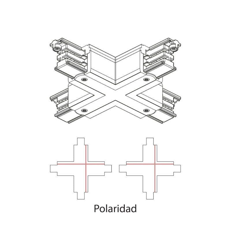 Conector X polaridad superior e inferior de riel electrificado RAIL, acabado blanco o negro de AURO Lighting