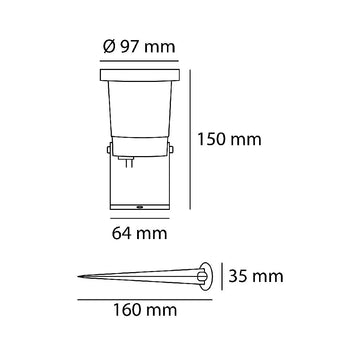 Dimensiones de Estaca YEDRA ALUM para foco MR16 GU10 (no incluido), IP65 de AURO Lighting — SKU AES230N01