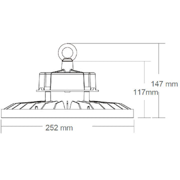 Dimensiones de High bay Luma 100W 110° (60° disponible con accesorio adicional), luz neutra fría 5000K 0-10V IP65 IK08 100-277V de AURO Lighting — SKU AI2100ON01