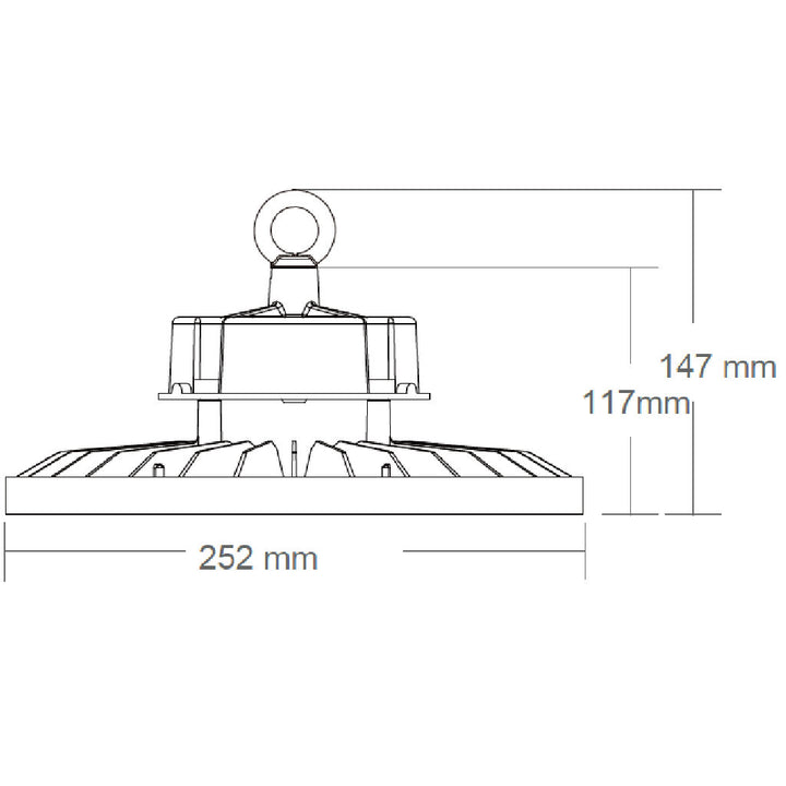 Dimensiones de High bay Luma 100W 110° (60° disponible con accesorio adicional), luz neutra fría 5000K 0-10V IP65 IK08 100-277V de AURO Lighting — SKU AI2100ON01